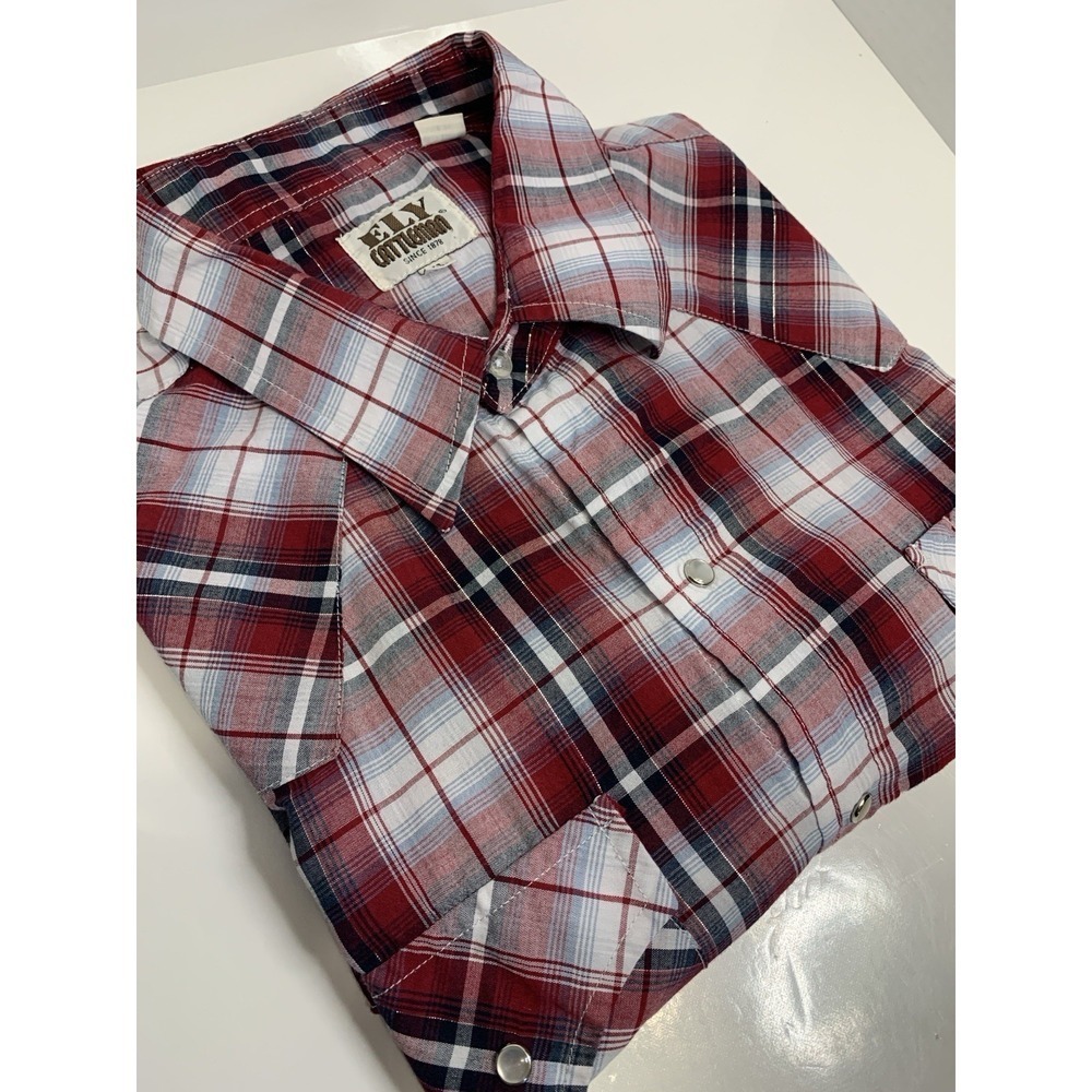 Ely Cattleman Red Metallic Plaid Short Sleeve Pearl Snap Men's XL‎ Ranch Cowboy